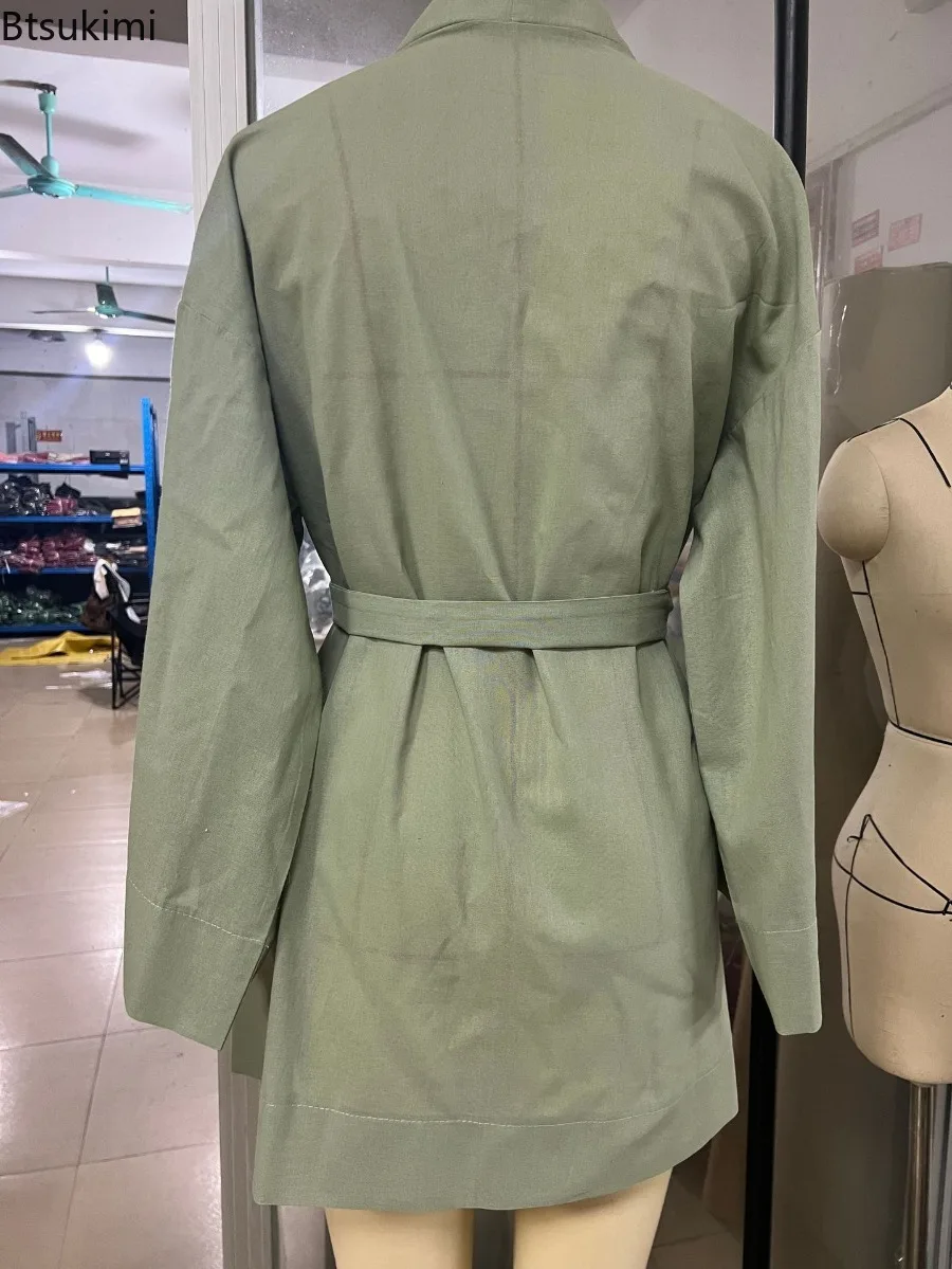 Robe unie en coton et lin pour femmes, manches longues, ceinture, jupe respirante, décontractée, Style Simple, Kimono, ample, mi-longue, chemise