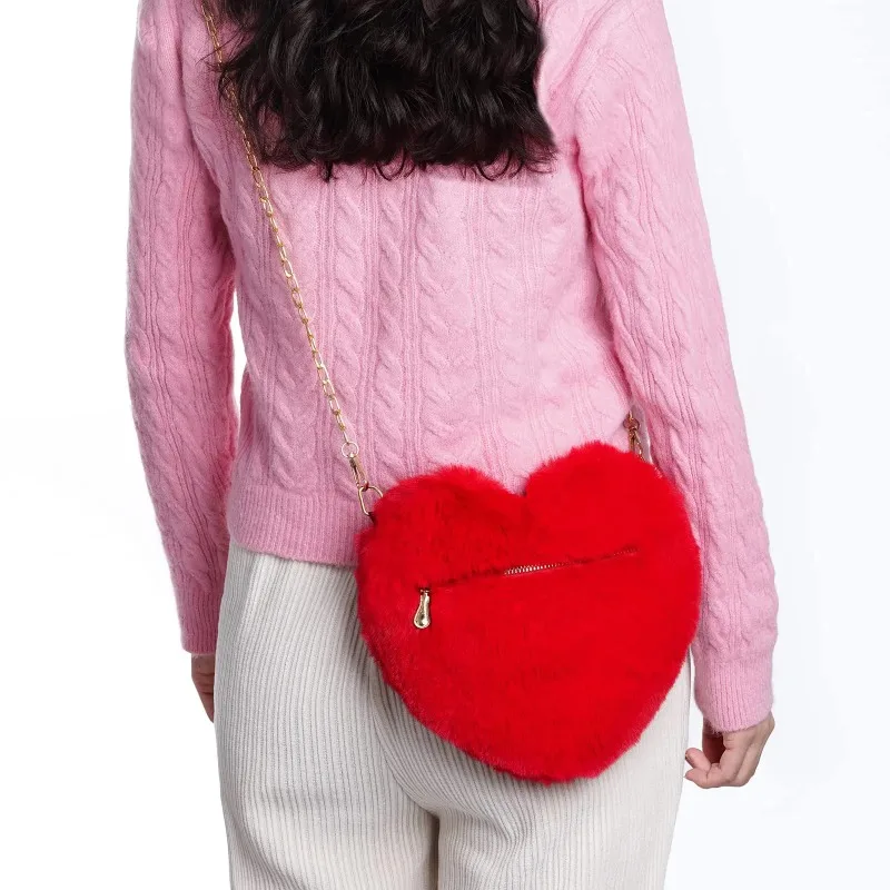 Heart Shaped Faux Fur Purse Fluffy Crossbody Bag Chain Shoulder Bag Cute Clutch Halloween Valentine\'s Gift Women Girls