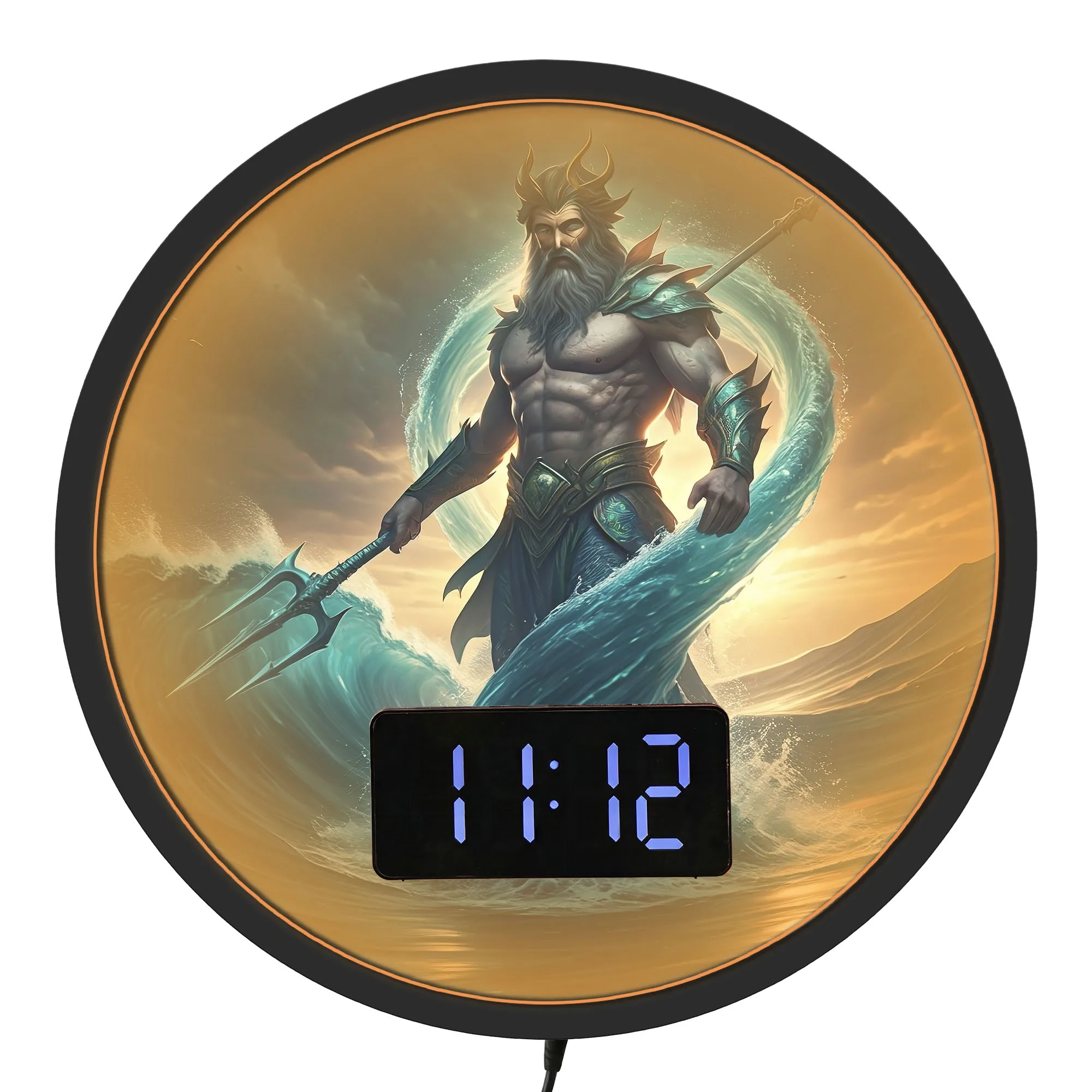 Poseidon Sea God Ocean LED Digital Wall Clock with Temperature Calendar Date Alarm Snooze Greek Mythology Night Light Wall Clock