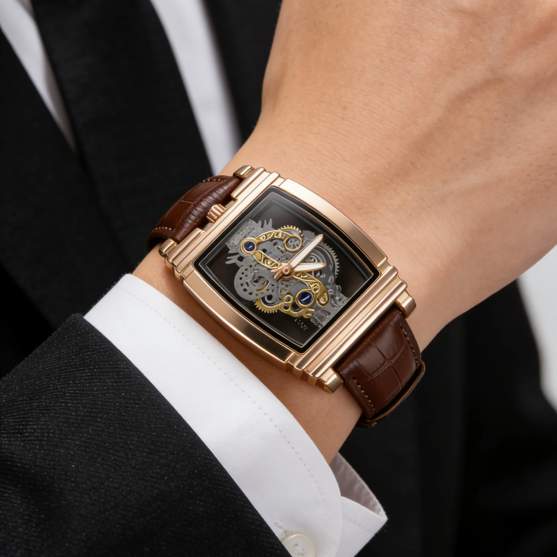 Luxury Square Skull Quartz Men's Watch - Retro Hollow Design, Leather Strap, Business Casual Watch, Waterproof Men's Watch, Suitable for Work and Parties, Fashion Dress Watch, Gift for Husband and Father