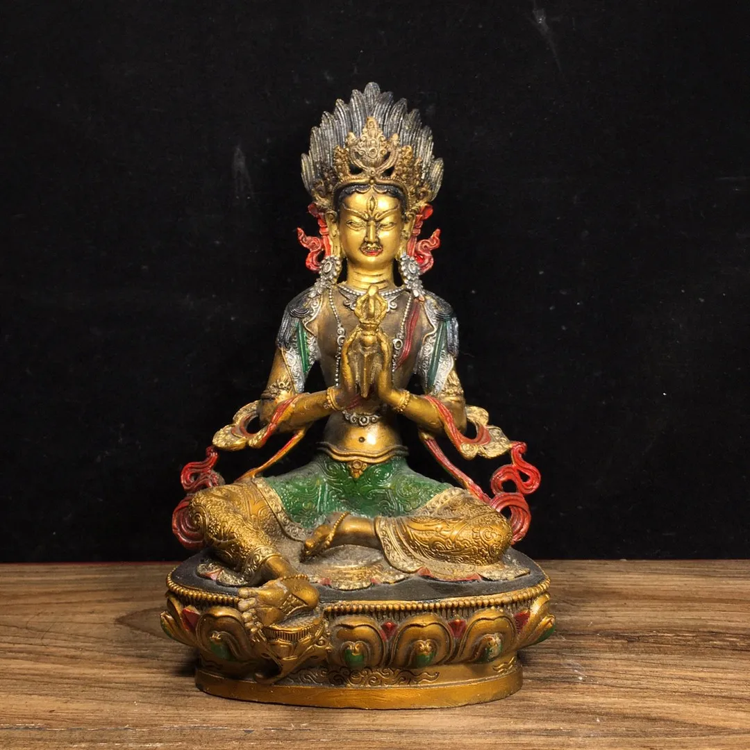 Tibetan Old Bronze Buddha Copper Painted Twenty-One Green Tara Guanyin Buddha Statue Ornament Home Buddhist Hall Supplies Access