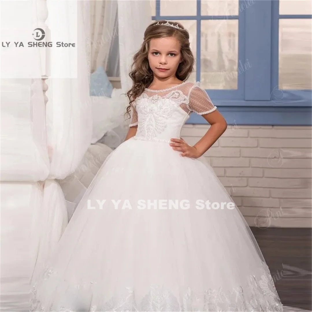 Flower Girls Dresses for Wedding Lace Appliques Beading Short Sleeve Ball Gowns Custom Holy First Communion Gowns for Girls