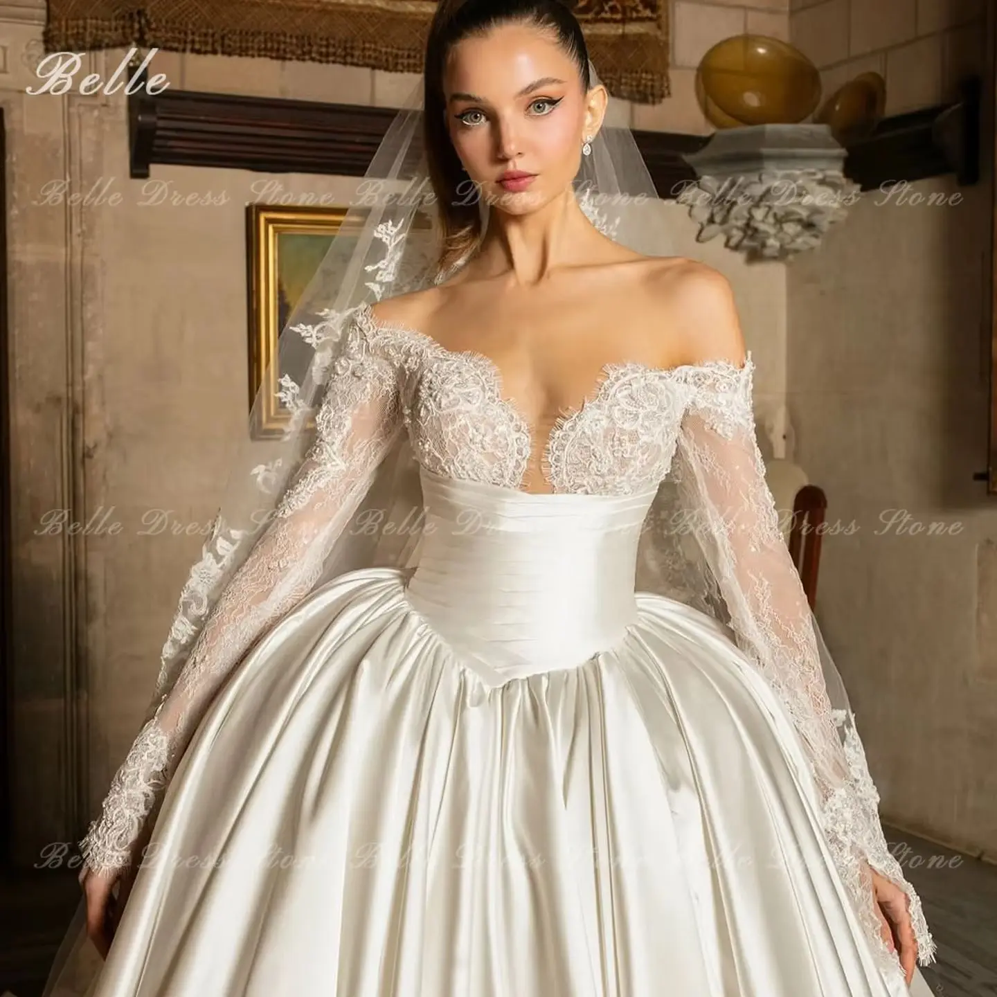 Belle Wedding Dress Off The Shoulder Long Lace Sleeve Satin amanda novias oficial Deep V Neck Cathedral Train Bridal Gown Custom