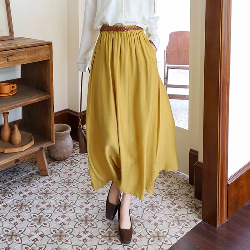 ارتفاع الخصر ألف خط تنورة خمر هونغ كونغ Sle مع حزام لون نقي واسعة هيم المرأة أوائل الخريف جديد مزدوج كيت تنورة طويلة