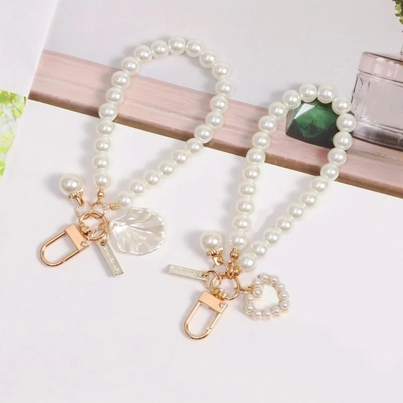 G5AE Heart Keyring Hanging Ornament Shell Pearl Phone Chain Pendant for Bag-Decor