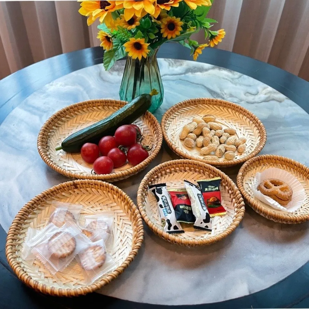 Multi-purpose 5 Sizes Bamboo Fruit Basket Round Shape Brown Beige Color Drying Tray Handmade Tea Snack Tray
