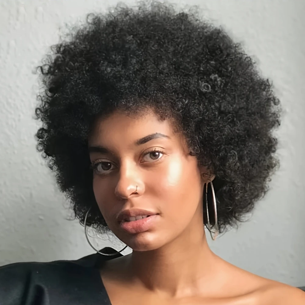 아프로 곱슬 웨이브 가발 150% 밀도 6인치 픽시컷 아프로 곱슬 인모 가발 여성용 풀머신 메이드 가발