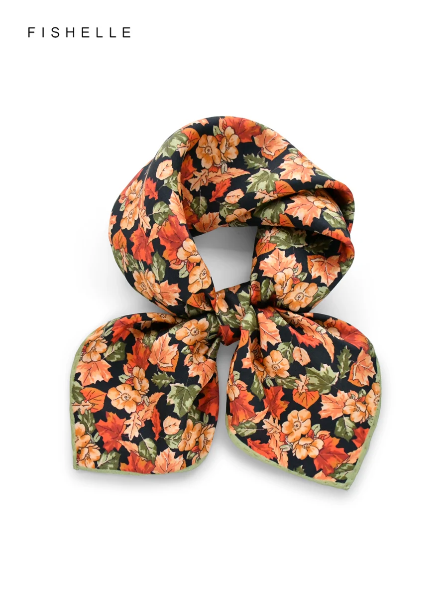 Orange Flowers Leaves 100% Silk Scarf Shawl Female Square Tie Wrap Handkerchief Luxury Gift Headband Neckerchief