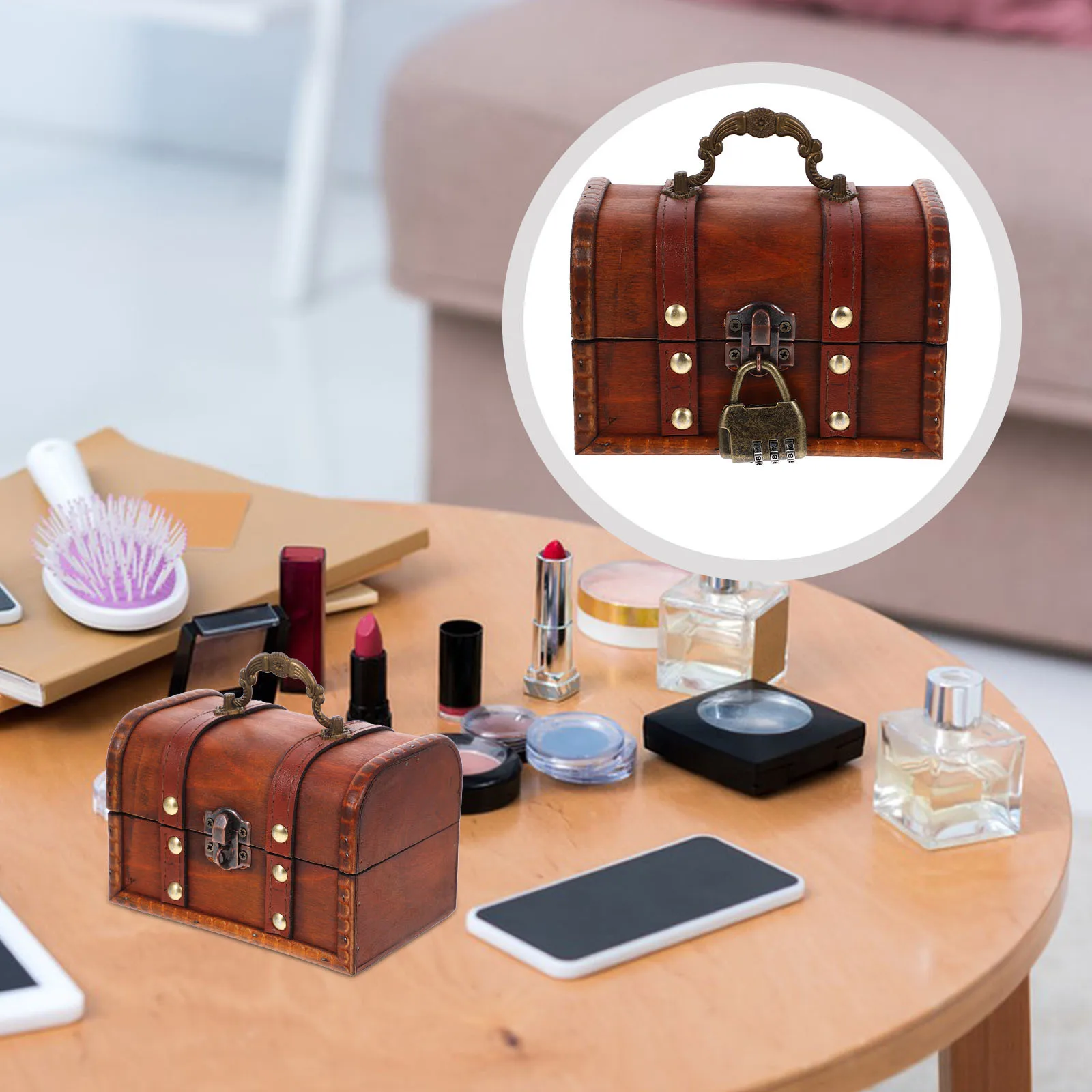 

Pirate Treasure Chest Wooden Vintage Jewelry Box Sturdy Wood Storage Case Retro Trinket Holder Small Lockable Treasure Box