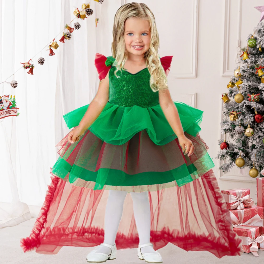 Green Christmas Sequin Party Girls Costume Halloween Toddler Bow Trailing 1st Birthday Princess Dress for Girl Wedding Prom Gown