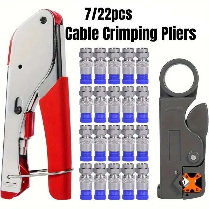 

7/22pcs Crimping Pliers Coax Cable Crimper Coaxial Compression Tools Kit Wire Stripper with 20Pcs F RG6 Connector Tools Set