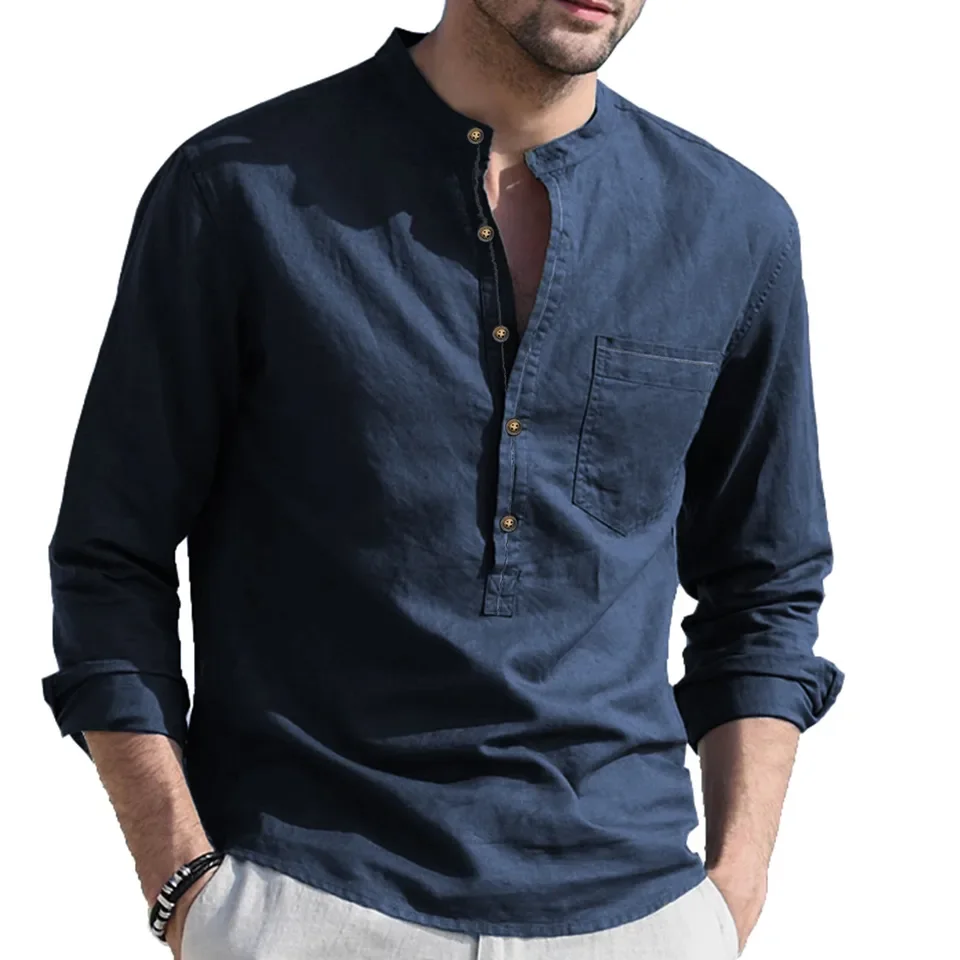 Loose Wrinkle-Free Men'S Plaid Shirt Men Spring And Fall Solid Color Top Shirt Casual Stand Top Plus Size Man Clothing Camisas