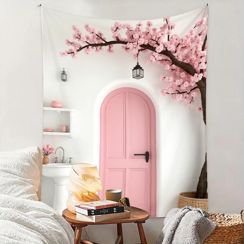 1PC Pink Door Sakura Art Print Backdrop Banner, Bedroom Living Room Photo Background, Polyester, Home Decor, Wall Art