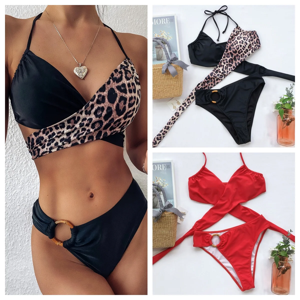 Bikini Halter baju renang wanita, baju renang seksi motif macan tutul, pakaian renang wanita