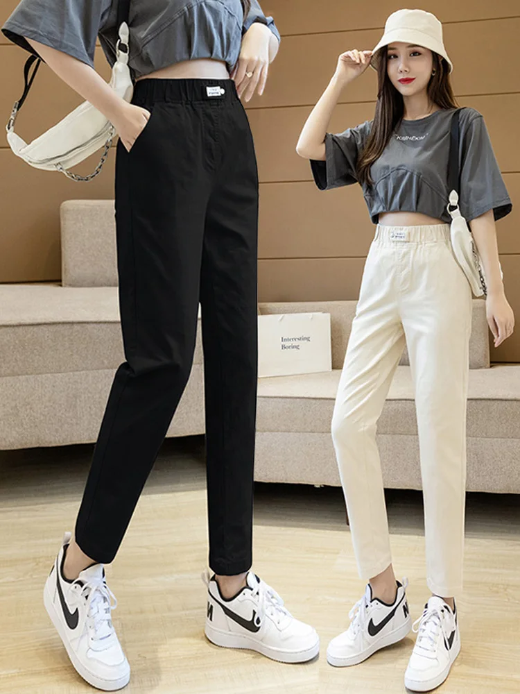 

Women's Elastic Waist Nine-Piece Denim Jeans Spring Summer Casual Loose Harlan Carrot Pants High Waist mid Stretch