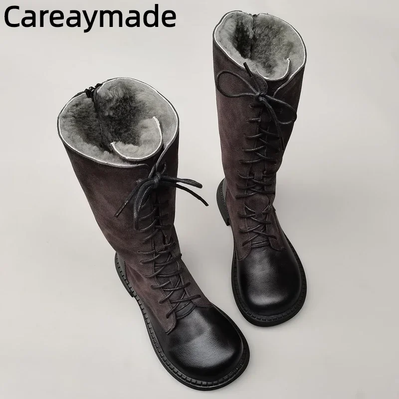 Careaymade-Genuine leather big head wide edition women\'s boots long high tube round cowhide lace up fat foot single cavalry boot