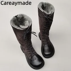 Careaymade-Bottes de cavalerie en cuir véritable pour femmes, cuir véritable, grande tête, large édition, tube haut, rond, cuir de cercle, lacets, gros pied, simple