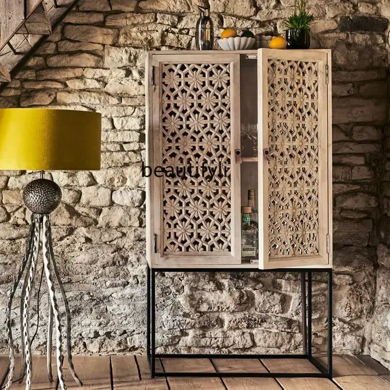 

American retro hollow carved dining side cabinet, living room storage storage cabinet, wall decorative cabinet