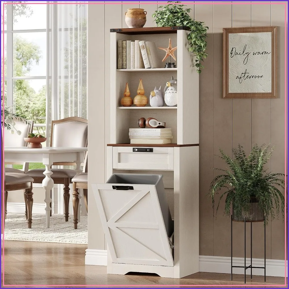 Tall Tilt Out Trash Can Cabinet with Drawer & Shelves, 10 Gal Farmhouse Hidden Trash Cabinet, White