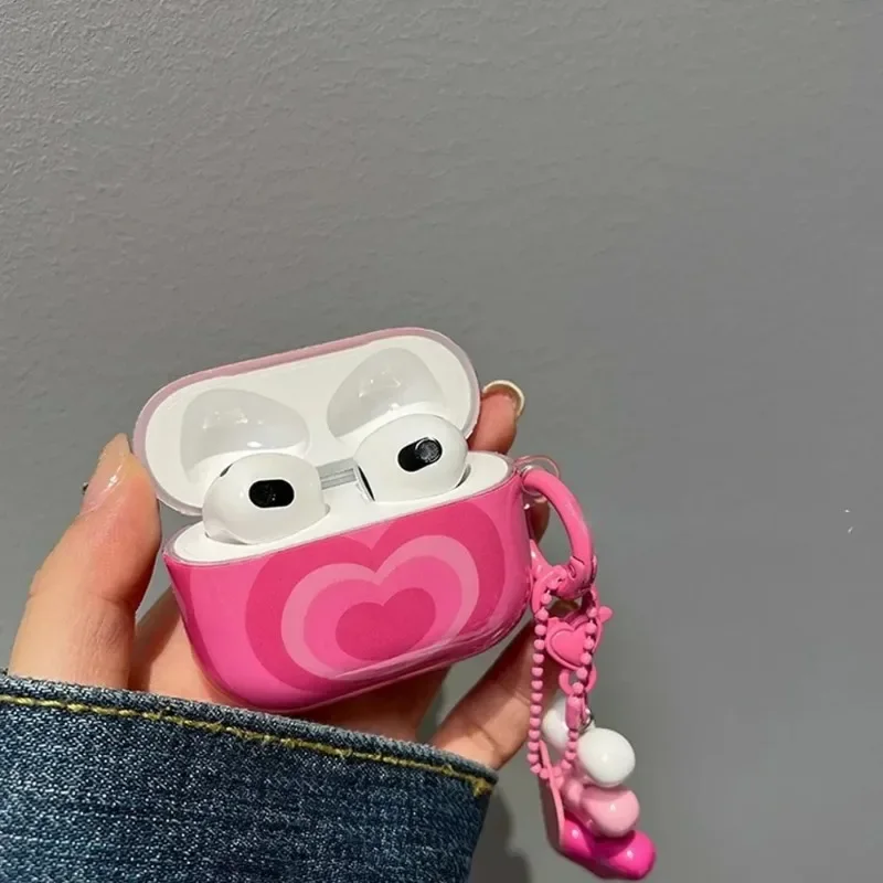 Casing silikon lembut untuk Airpods 4, casing silikon lembut dengan pola hati untuk AirPods 1 2 3 Pro 2 generasi dengan gantungan kunci liontin gadis wanita