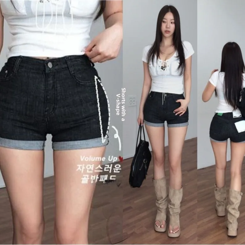 Pantaloni sexy per il potenziamento dell'anca slim fit Vita alta in cotone elasticizzato Denim orts Summer Faion Ladies Trendy con risvolto Ultra ort Hot...