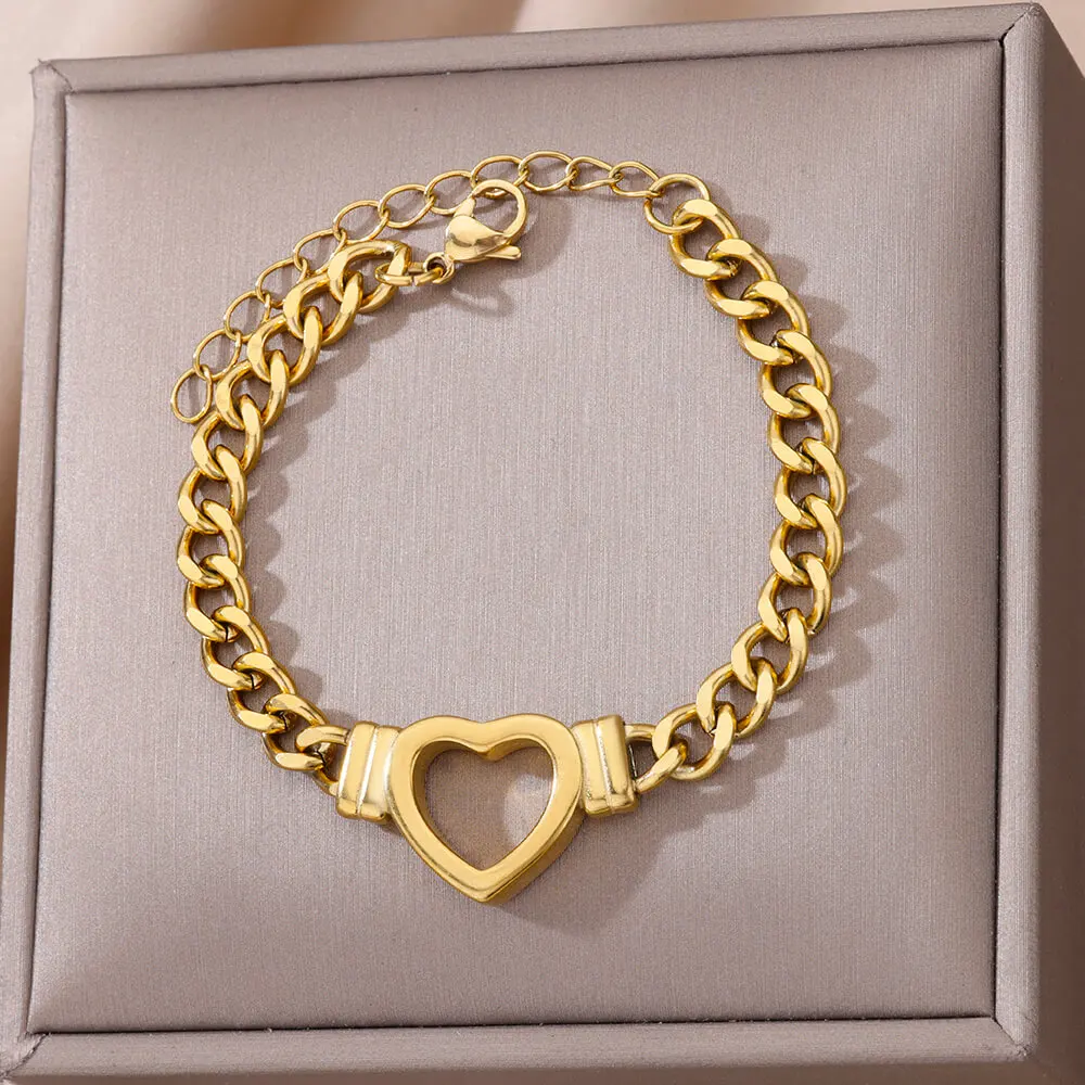 Tobilleras de corazón ahuecado de acero inoxidable para mujer, cadenas de Color dorado, joyería para mujer, regalos, un conjunto de pulseras y tobillos