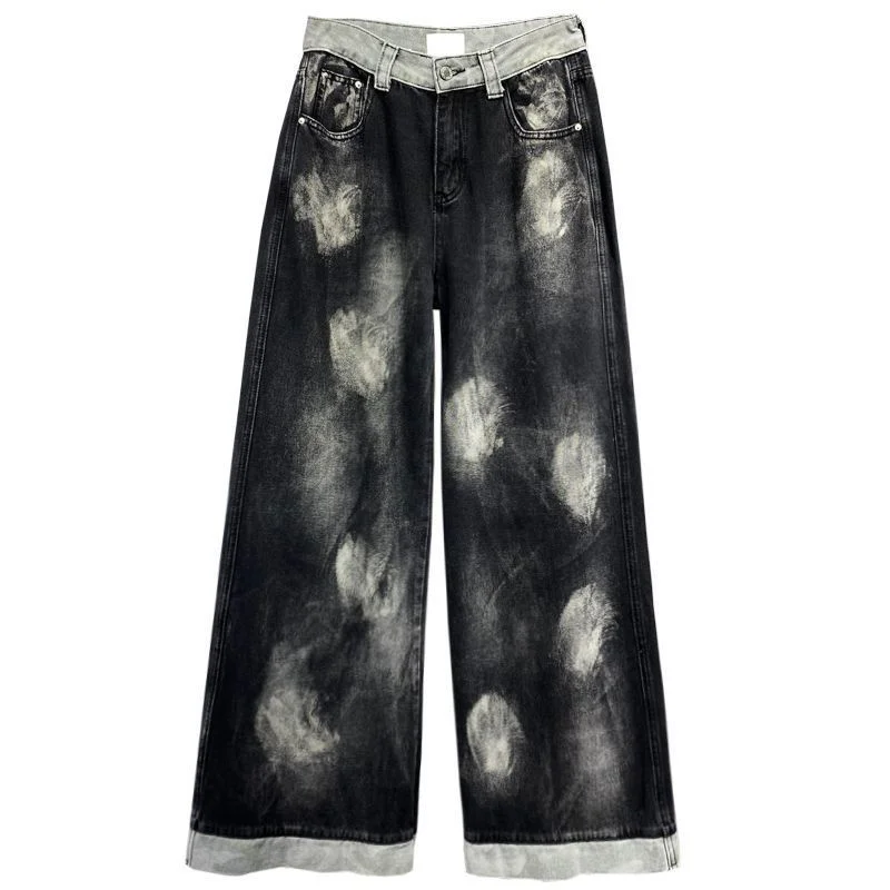 Tie-dye Color-blocked Jeans Women in Early Autumn New High-waisted, Loose and Versatile Design Wide-leg Floor-sliding Pants