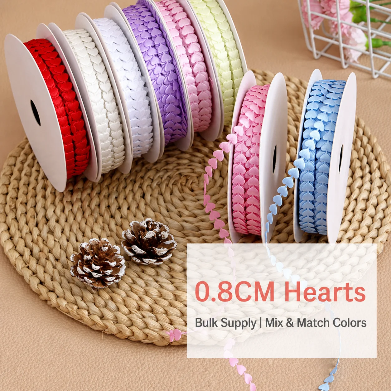 20Yards/Roll 0.8cm Heart Design Ribbon for Gift Wrapping Flower Bouquet Packing DIY Crafts Clothing Sewing Decoration Wholesale