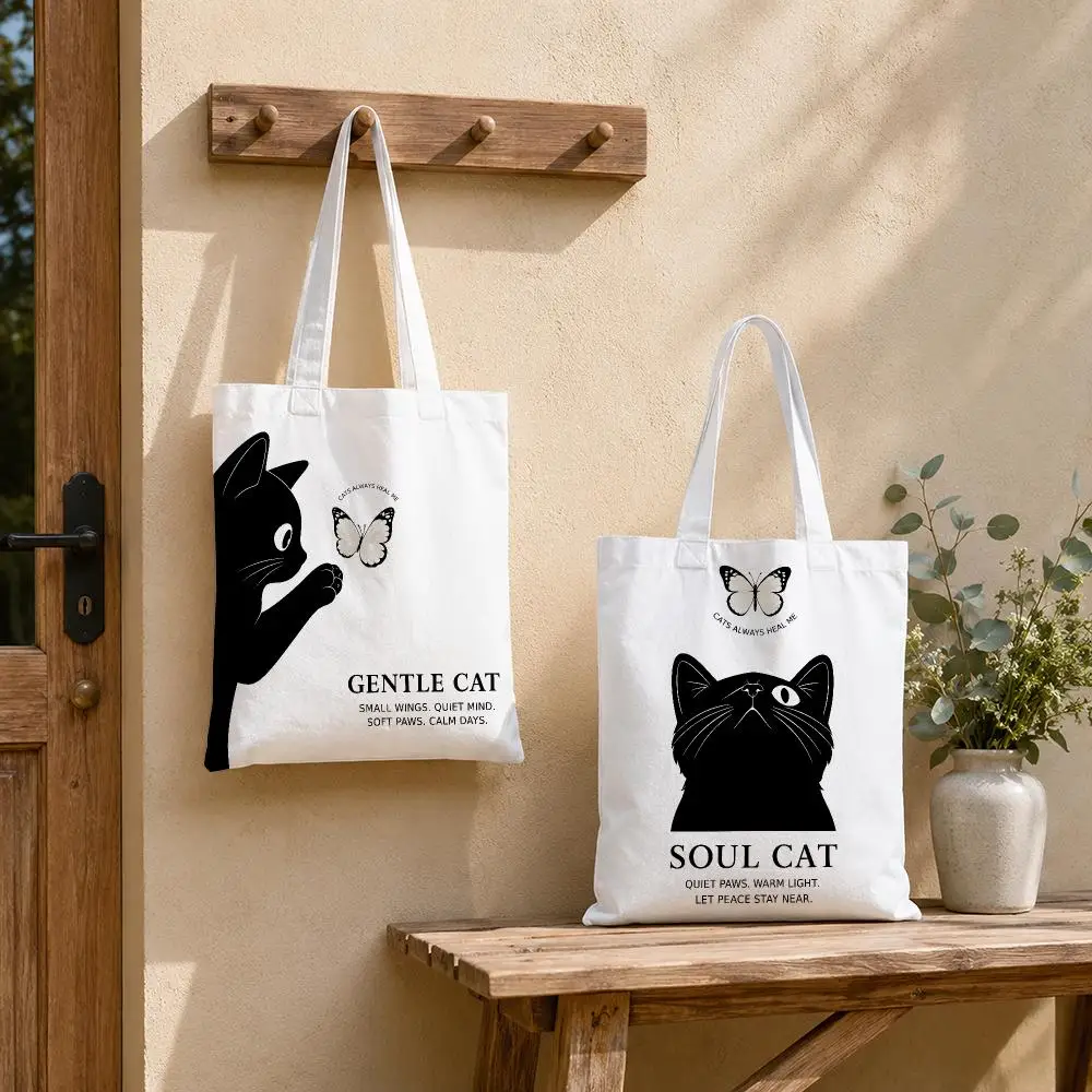 Black Cat Butterfly Minimalist Art Storage Bags Tote Bag Reusable Shoulder Shopping Foldable For School Work Travel Daily Use