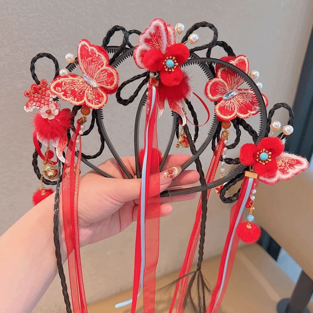 

Lovely Flower Children Wig Headband Butterfly Koi Fish Hanfu Headwear Girl Hair Accessories Ancient Style Red Hairband Daily