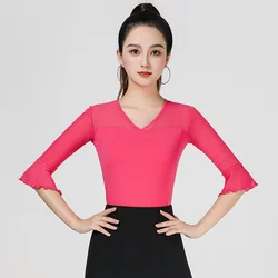 Black Elastic Mesh Lace See V-Neck Through Half Sleeve Latin Dance Top Modern Flamenco Dance Practice Leotard T Shirt Wholesale