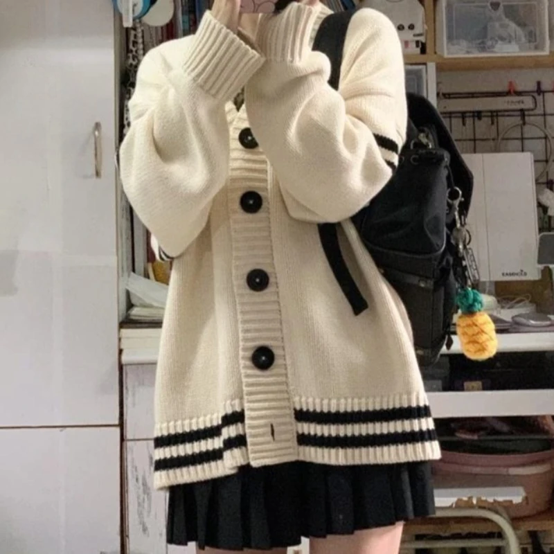 

Women Varsity Cardigan with Contrast Trim V-neck Oversized Button Up Knit Sweater Jacket Teen-girl Preppy Style Jersey
