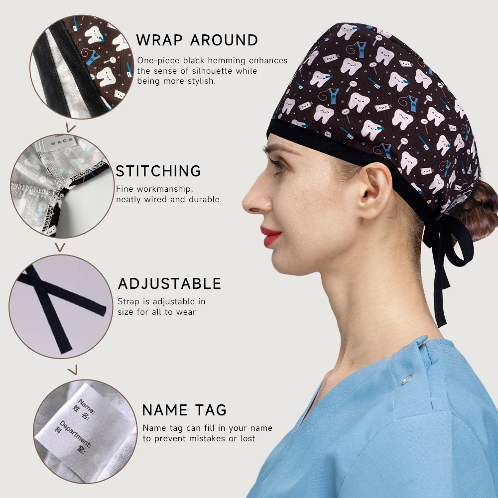 100% Baumwolle Scrubs Cap Cartoon Druck medizinische Kappen Frauen und Männer Pflege Hüte einstellbare Kosmetikerin Pet Shop Labor Spa Peeling Hut