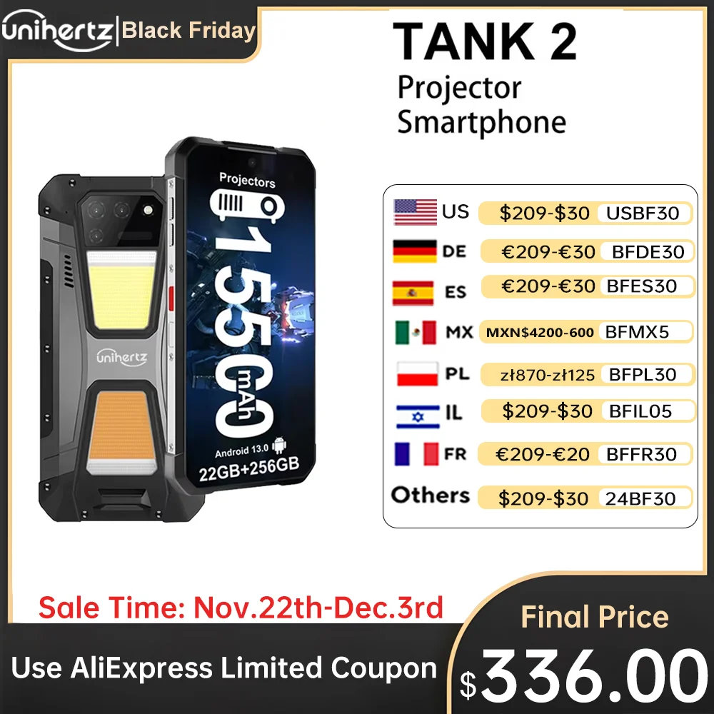 جهاز عرض Unihertz 8849 Tank 2 وهو عبارة عن جهاز عرض قوي بذاكرة وصول عشوائي 22 جيجا بايت وذاكرة قراءة فقط 256 جيجا بايت وضوء تخييم بدقة 64 ميغا بيكسل ورؤية ليلية فائقة G99 وبطارية 15500 مللي أمبير في الساعة يدعم بطاقة SD TF