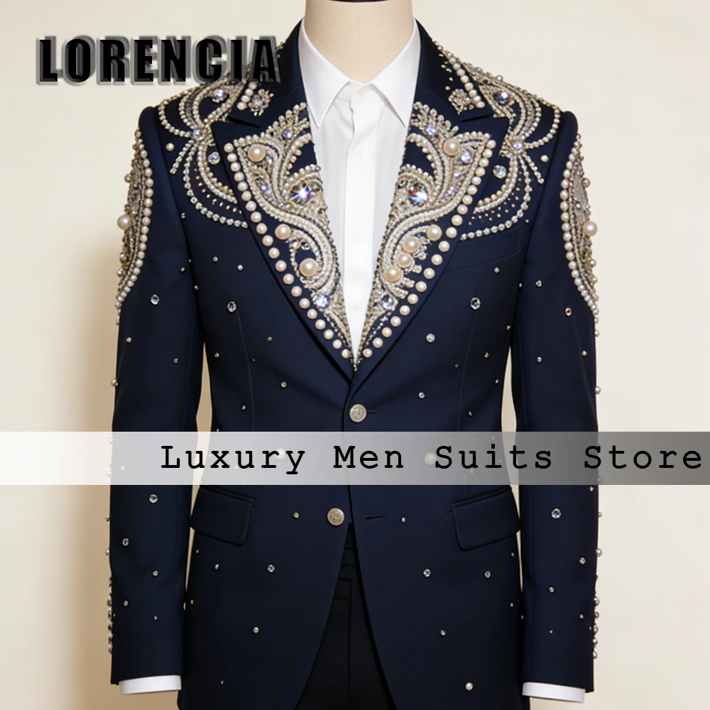 

Luxury Crystal Suits for Male 2 Pieces Peaked Label Evening Party Men Tuxedos Set Customized Blazer Pants traje hombre moderno
