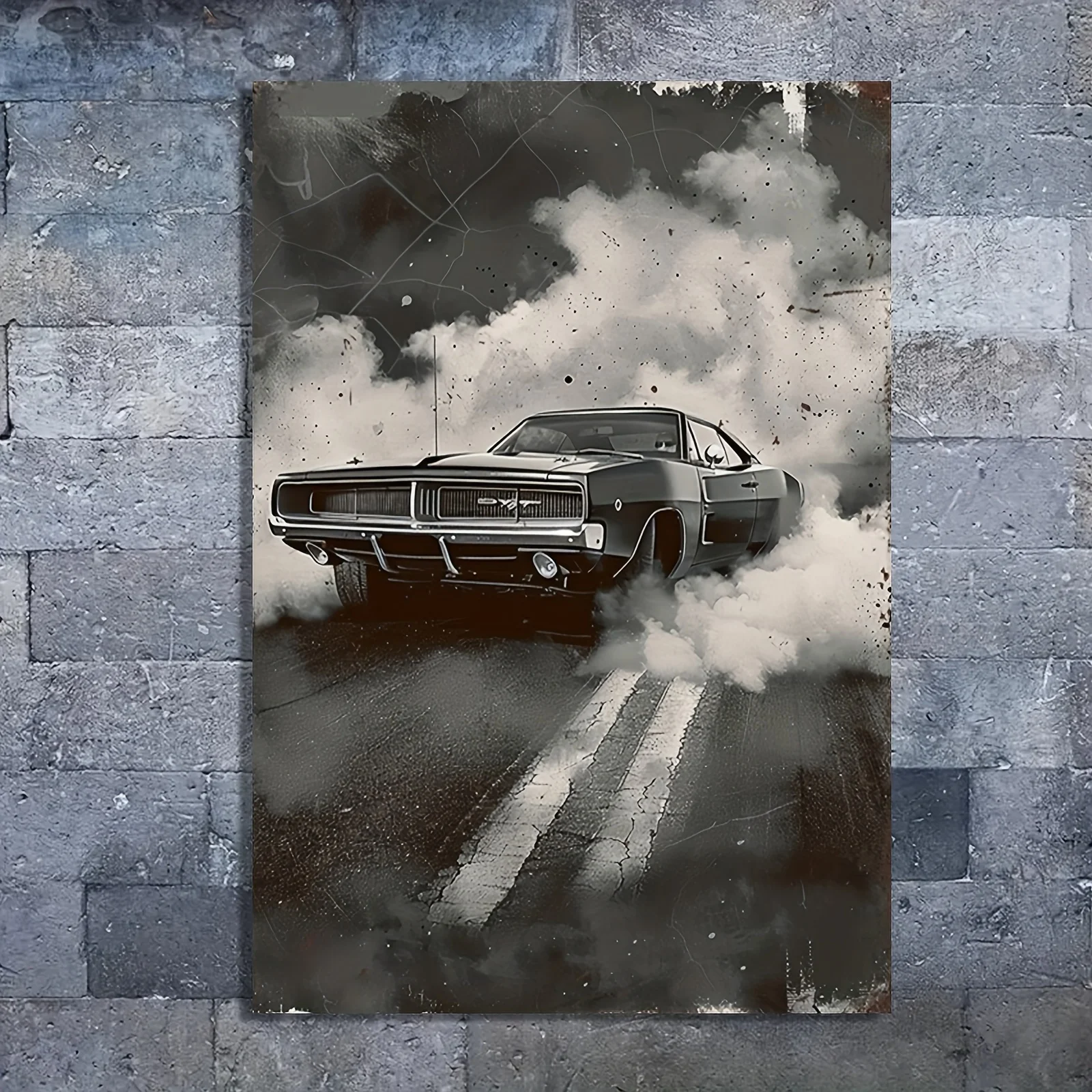 Black and White Muscle Car Canvas Print – Drifting Smoke Scene, Retro Auto Portrait, Frameless  for Home Office Decor