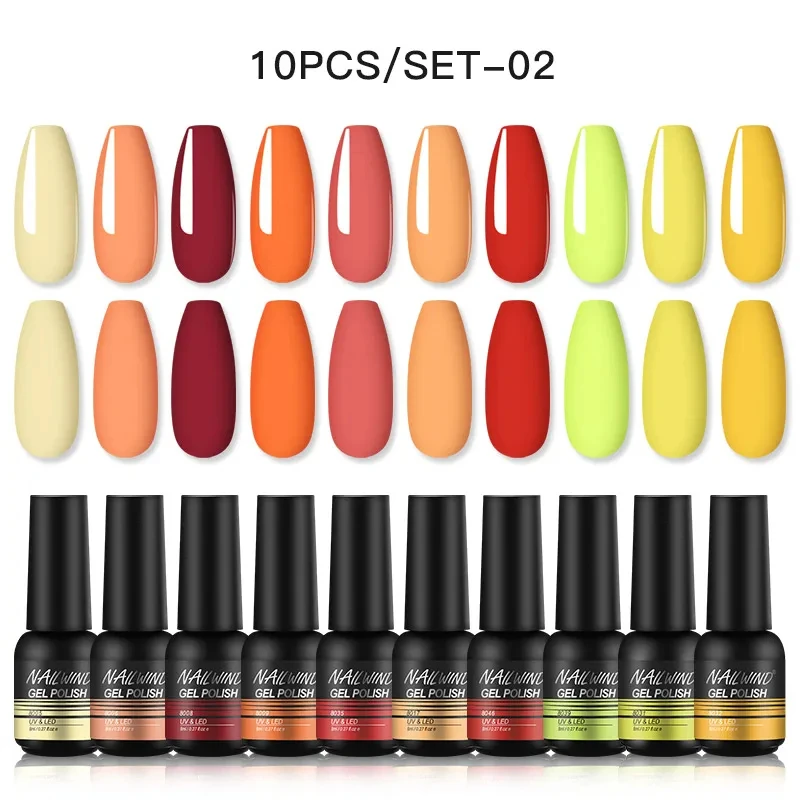 

ROSALIND 10PCS Set Gel Nail Polish Kit Orange Series Semi Permanent Gel Varnishes Soak Off Base Top Coat Nail Gel Need LED Lamp