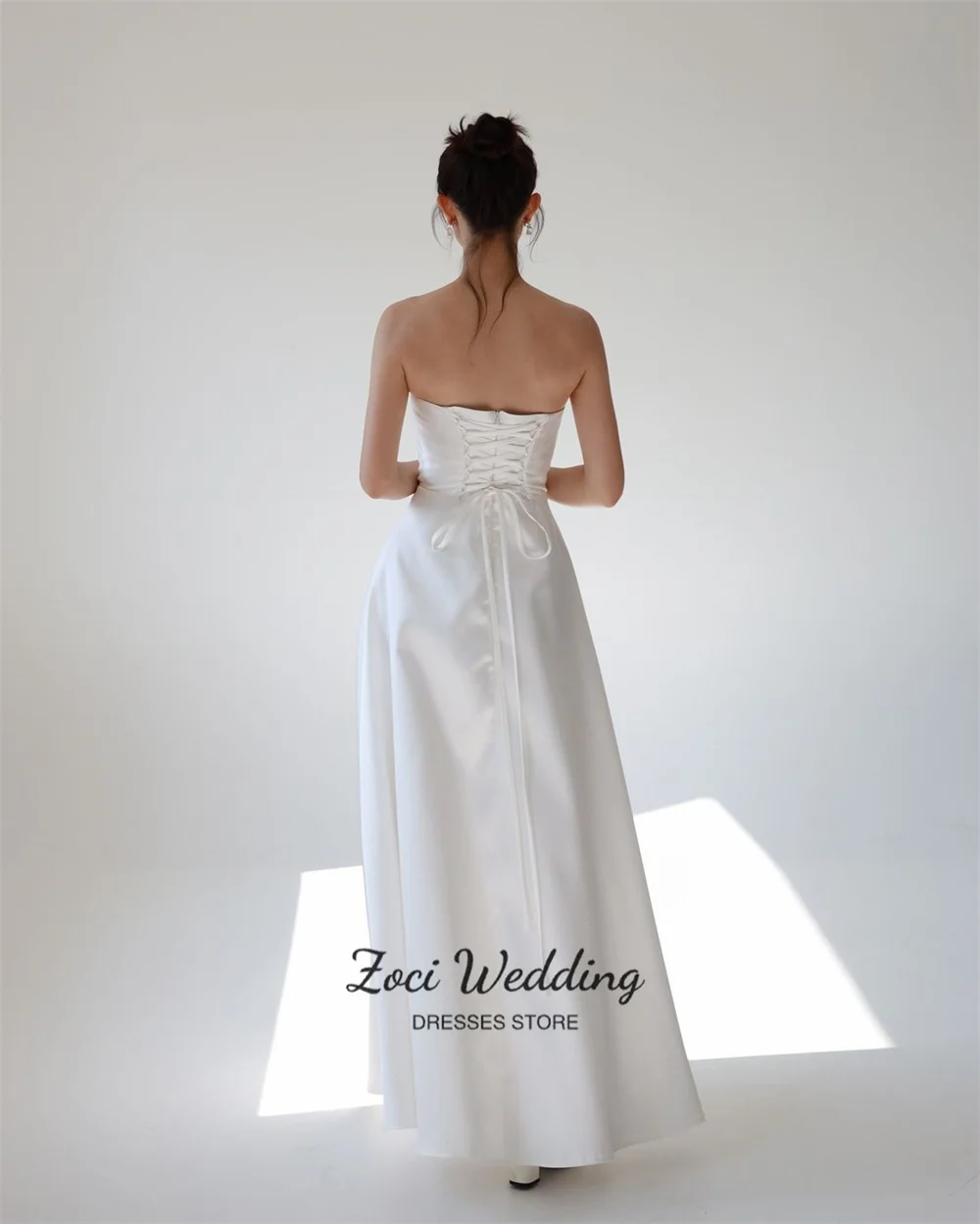 Zoci-vestidos de recepción de boda con lazo sin tirantes, vestidos de noche con corsé simples y elegantes, vestido de novia de satén hasta el suelo personalizado