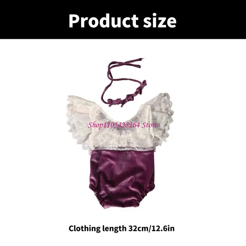 رومبير من الدانتيل المخملي الناعم لحديثي الولادة مع عصابة رأس على شكل فيونكة متطابقة، مجموعة ملابس أطفال فاخرة مريحة لالتقاط صور #6