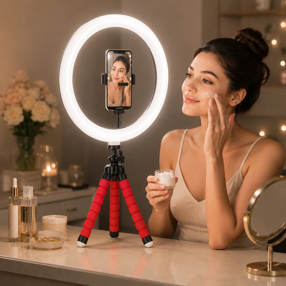 Anillo de luz LED para Selfie de 16/26/33cm, lámpara de relleno para fotografía regulable con trípode para teléfono móvil, vídeo en vivo, anillo de luz para estudio fotográfico