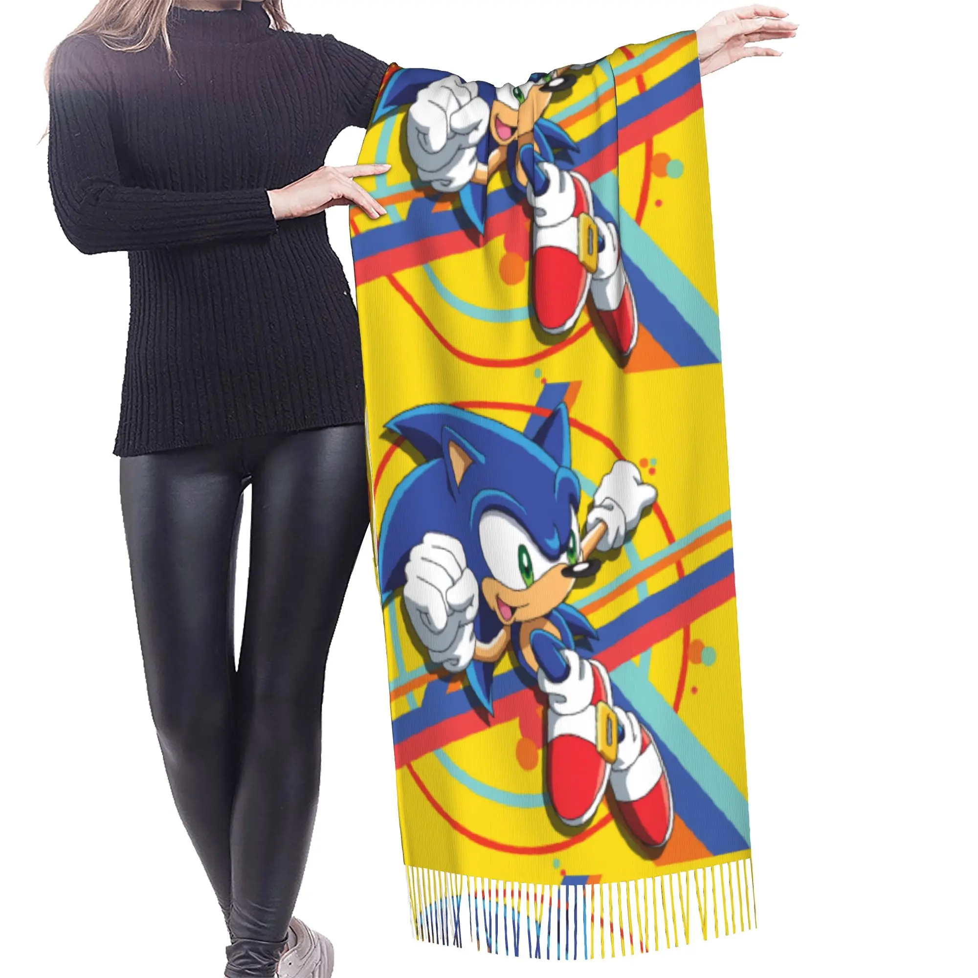 Custom Lady Large S-Soniced Cartoon Scarves Women Winter Fall Soft Warm Tassel Shawl Wraps Video Game Scarf