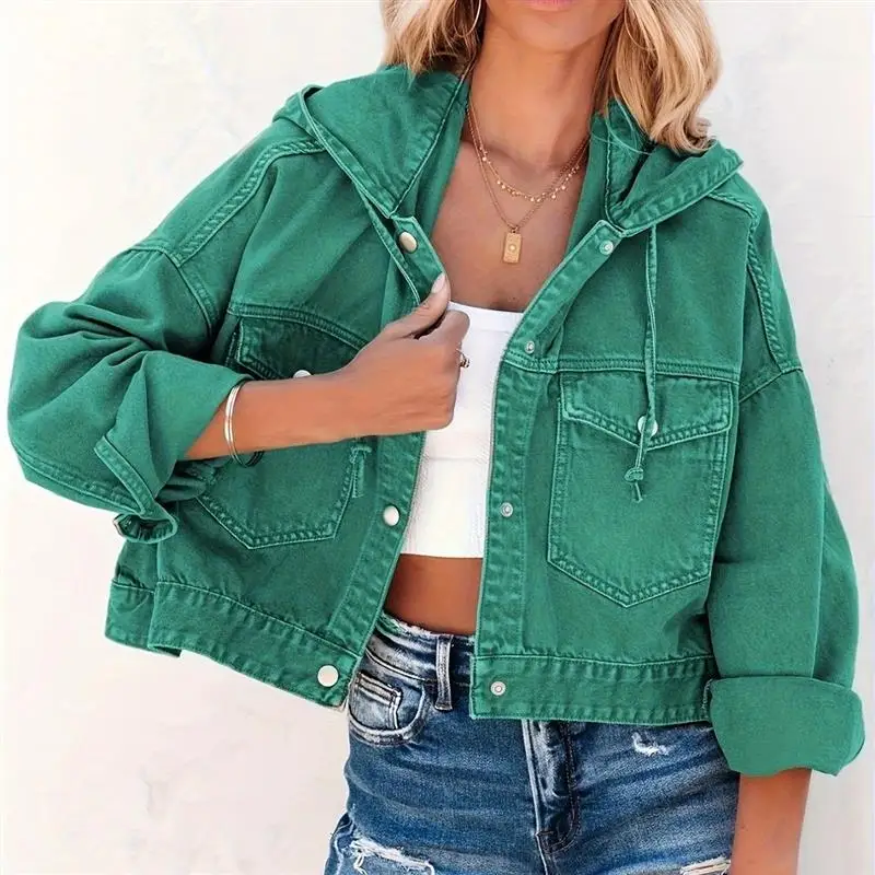 

Street Sle Dstring Hooded Loose Denim Jaet Trendy Streetwear Outerwear Long Sve Women's ort Coat Casual Coat