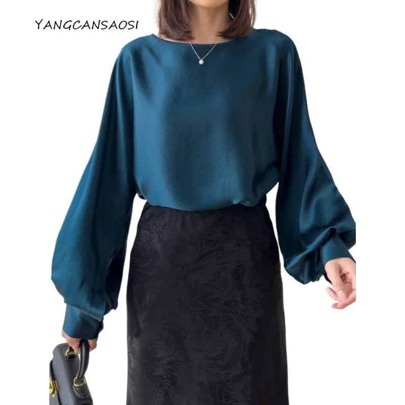 

2025 Women's Fashion Clothing 100% Natural Mulberry Silk Pearl Satin One Necked Lantern Long Sleeved Casual Solid Color T-Shirt