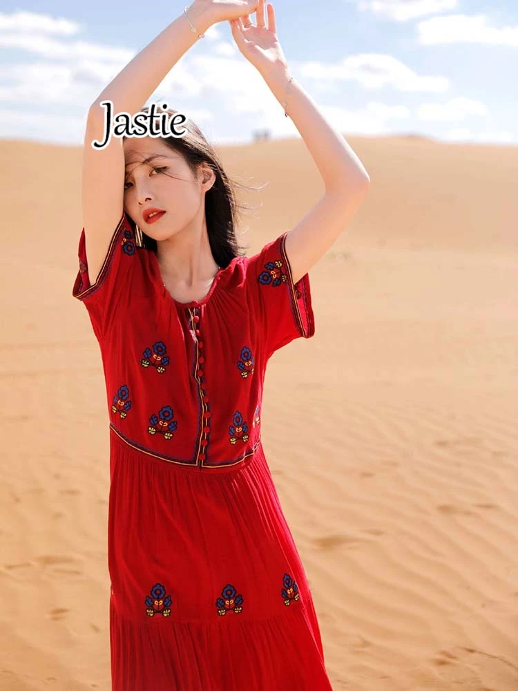 Jastie Summer New Retro Cotton And Linen Dress Women Long Knee-length Embroidery Big Swing Dresses Red Loose Short Sleeve Dress