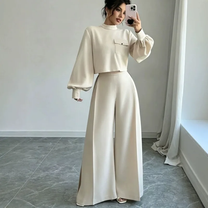 Women Casual 2 Piece Set Full Sleeve Button Office Lady Autumn Blouses High Waist Pants Suits 2 Piece Shirt Top Wide Pant Sets