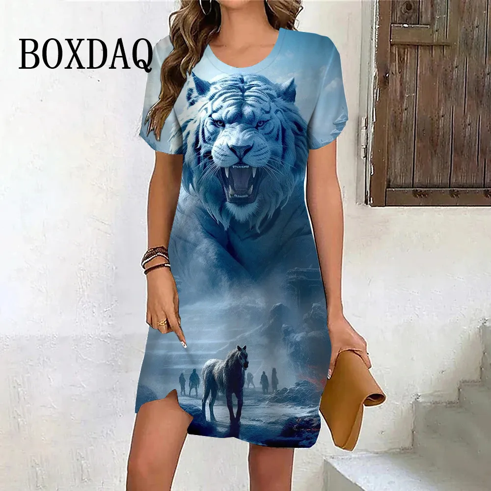 Women Plus Size Ladies Dress Short Sleeve Colorful Tiger 3D Print Loose Casual Mini Dresses Female Fashion Summer Women Clothes