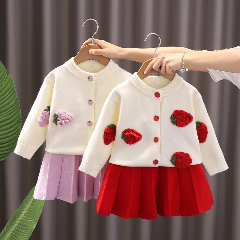 

YBFSKID Spring Toddler Girl 2PCS Clothes Set 3D Strawberry Knitted Sweater Cardigan Suit Solid Pleated Skirts Little Girl Outfit