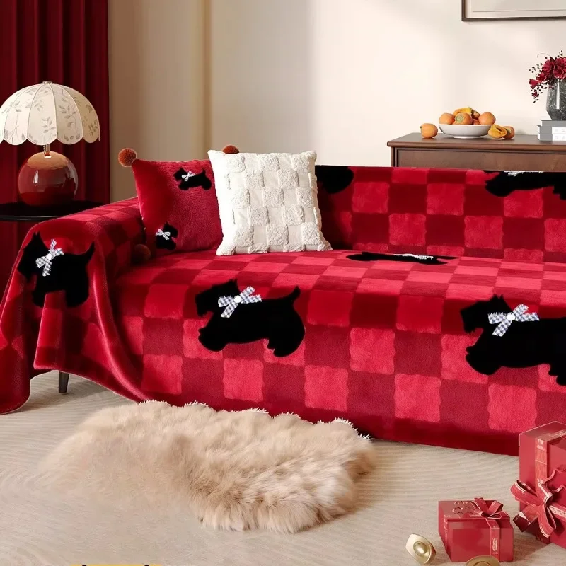 Plush Sofa Towel Cover Cloth New Red Festive Winter Thickened Sofa Cushion Cover A Whole Full-covered Blanket