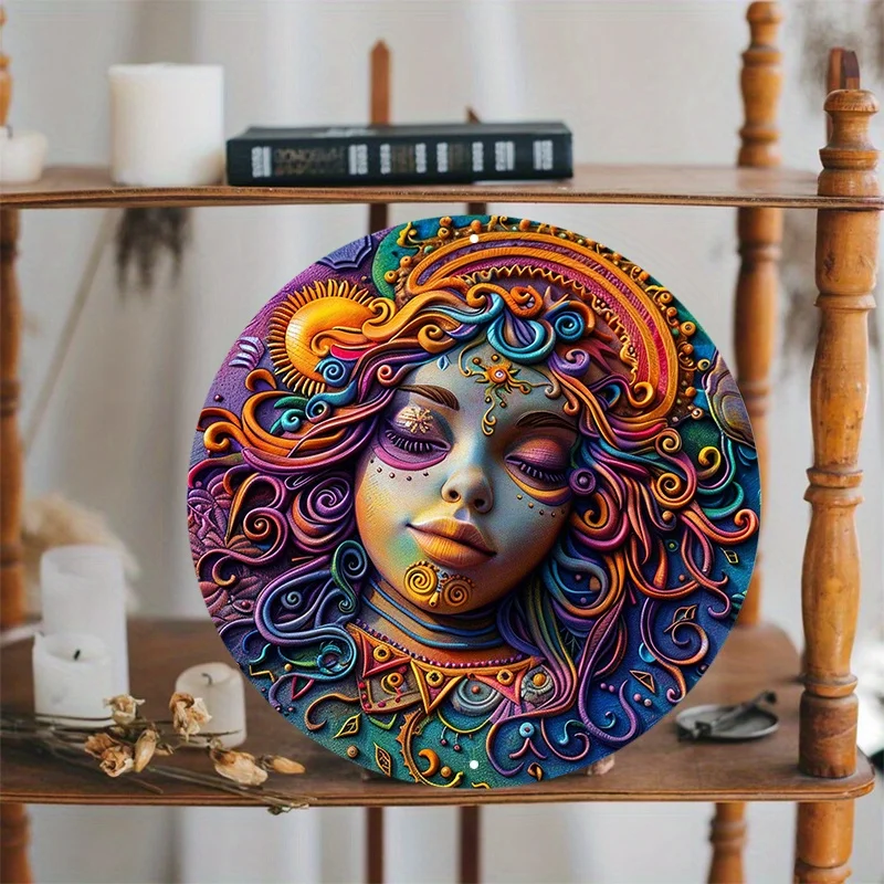 Vibrant Round Aluminum Wall Art, Colorful Clay Girl with Sun and Moon Design, UV and Scratch Resistant, Outdoor and Indoor Decor