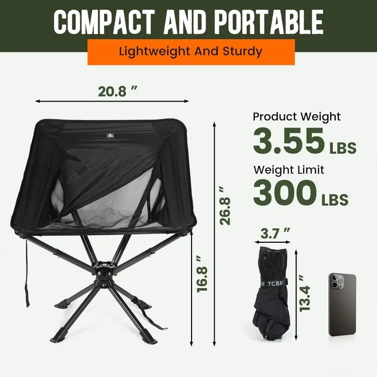 Upgraded Swivel Portable Chair - Small Compact Collapsible Folding Chair for Adults That Setup in 8 SecondsHiking